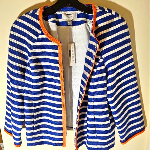 J.CREW - BLUE & WHITE JACKET w/ORANGE TRIM AND FRONT POCKETS - Picture 2 of 5